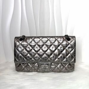 CHANEL 2.55 Mini Reissue Shoulder Bag Metallic Silver Aged Calfskin